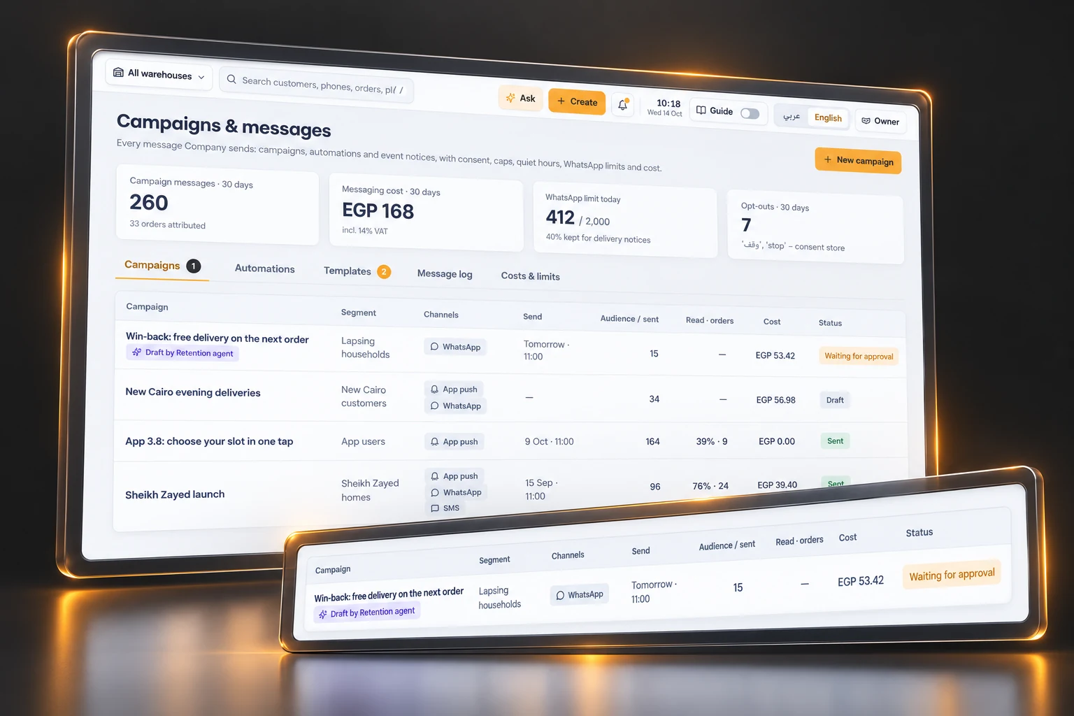 Generated 3D visualization of Campaigns, promotions & loyalty, based on the current charcoal and amber sample interface