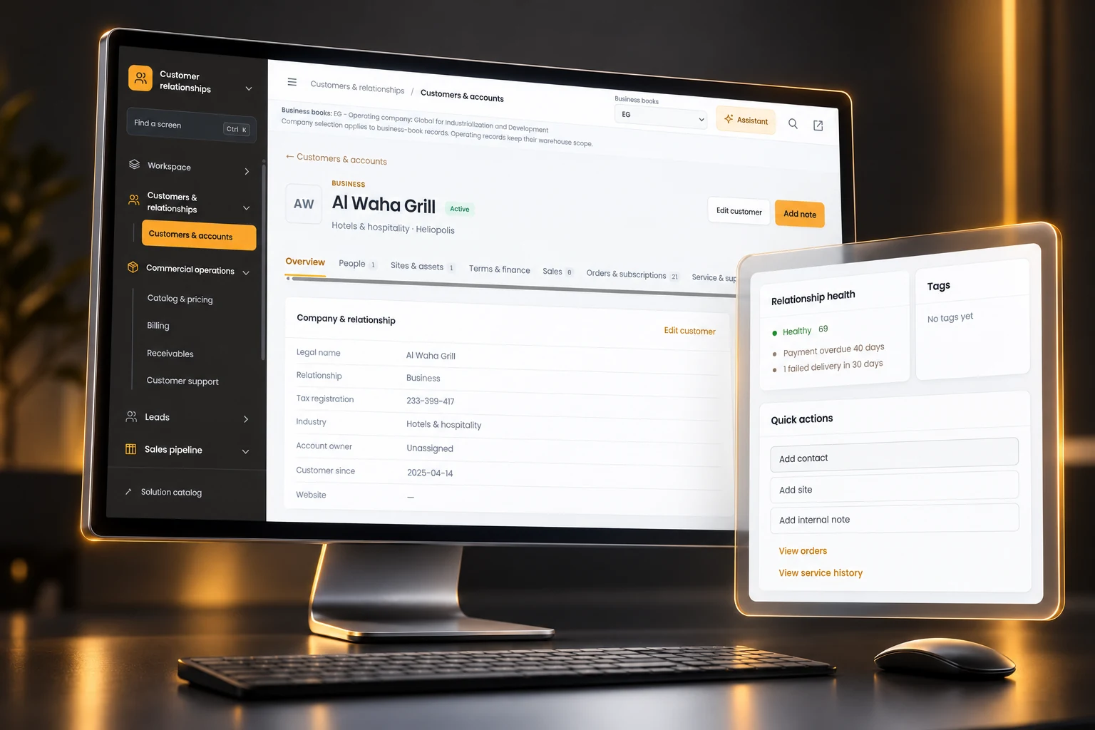 Generated 3D visualization of Customer & account context, based on the current charcoal and amber sample interface