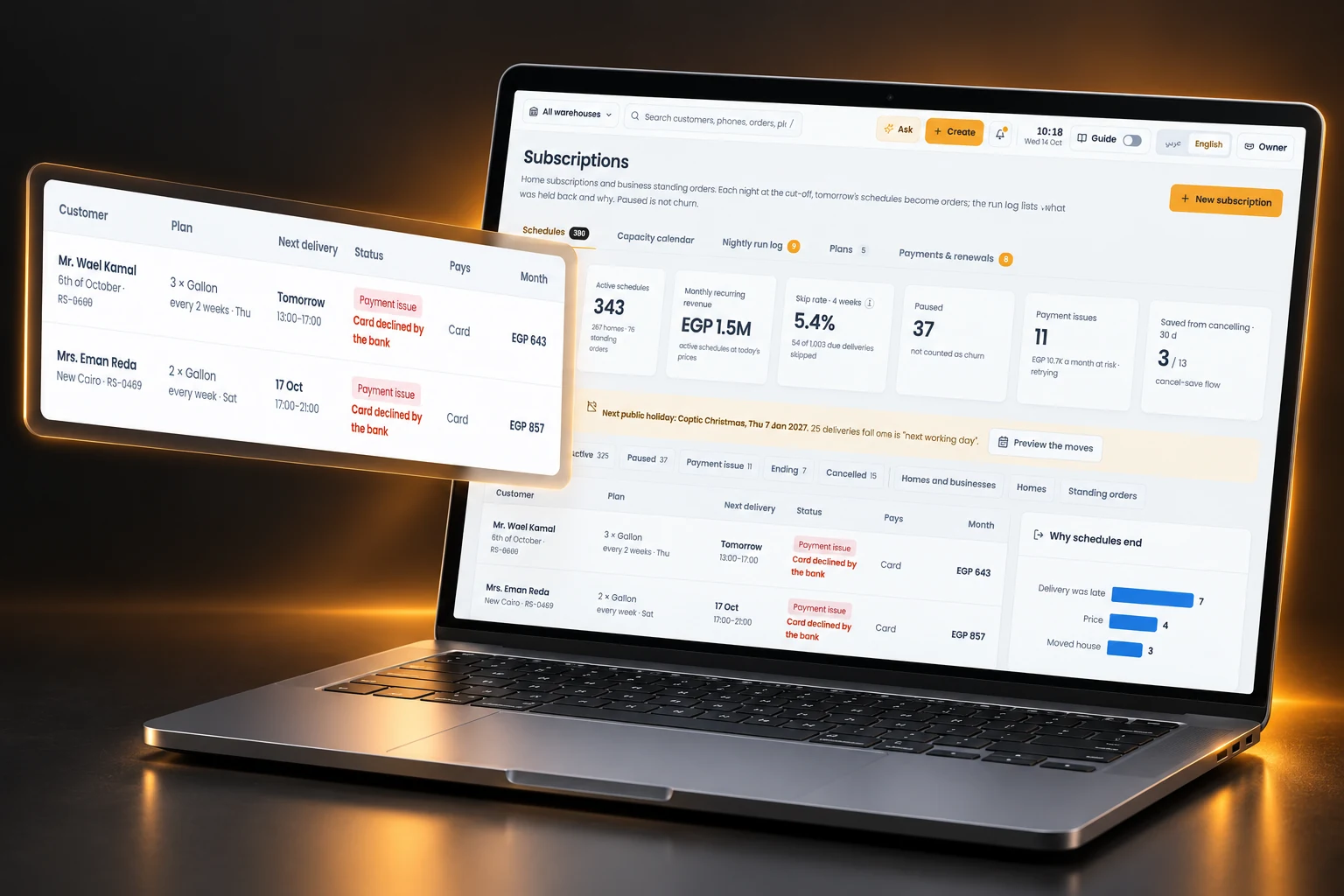 Generated 3D visualization of Repeat orders & billing context, based on the current charcoal and amber sample interface
