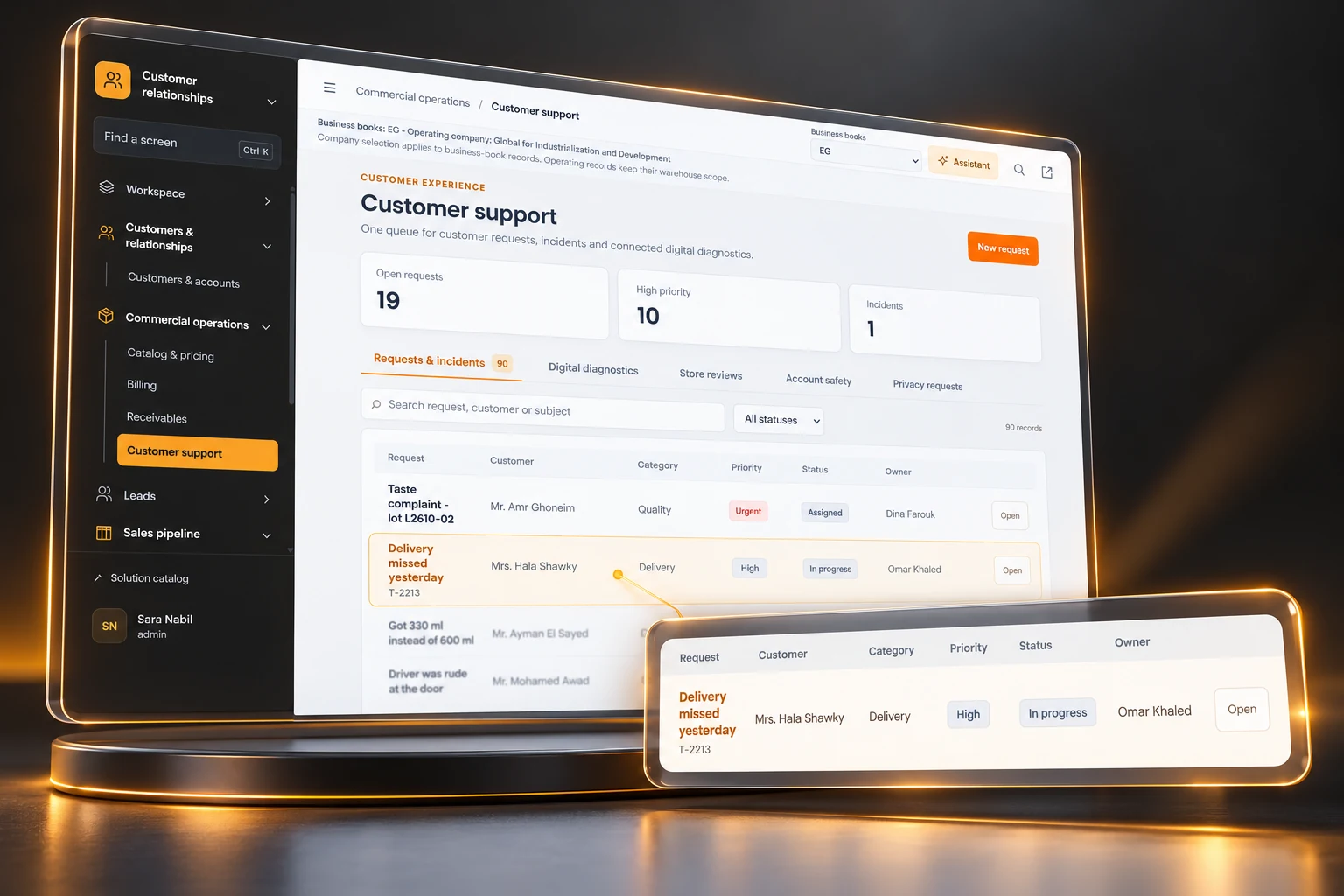 Generated 3D visualization of Customer support, based on the current charcoal and amber sample interface