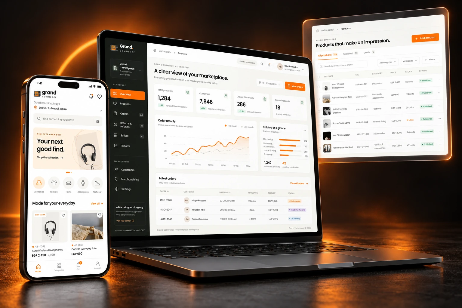 Grand Commerce shopping app and marketplace dashboard presented on orange-lit graphite devices