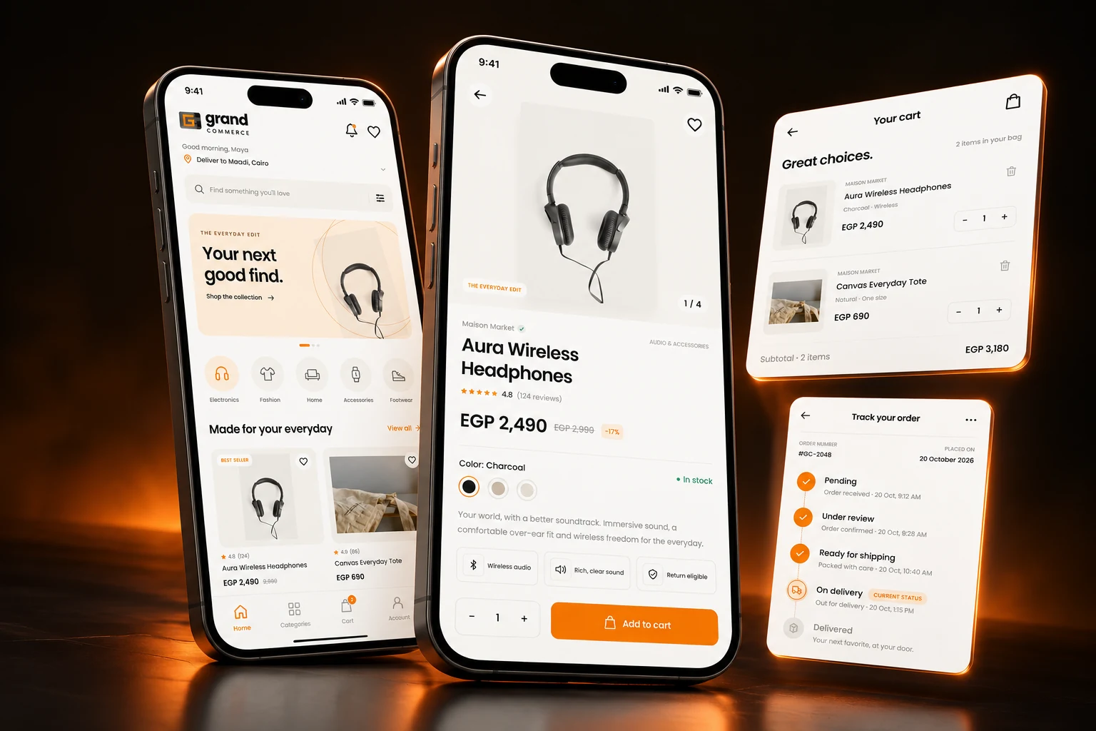 Grand-branded shopping app product and cart screens in a premium 3D smartphone composition