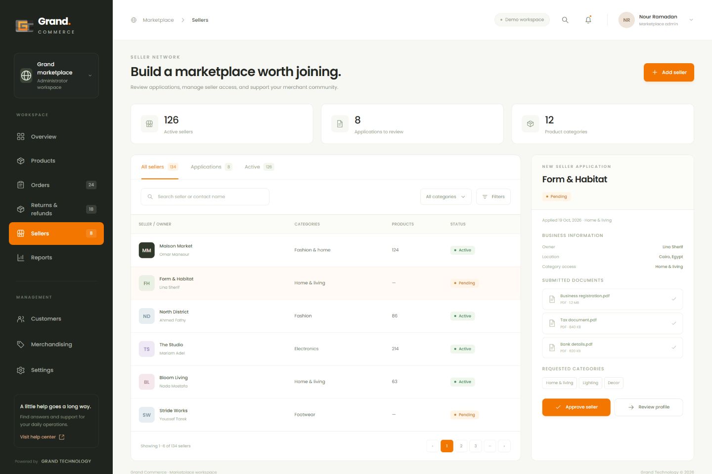 Grand Commerce seller management screen with illustrative data
