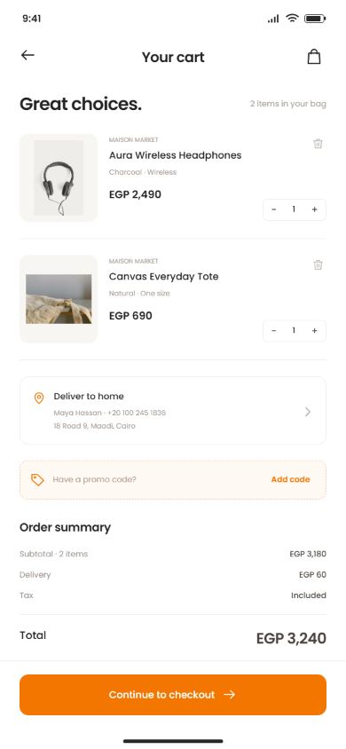 Grand Commerce shopping cart screen with illustrative data