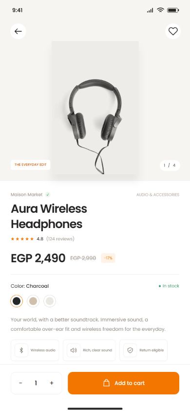 Grand Commerce product details screen with illustrative data