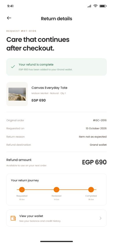 Grand Commerce return details screen with illustrative data