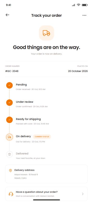 Grand Commerce order tracking screen with illustrative data