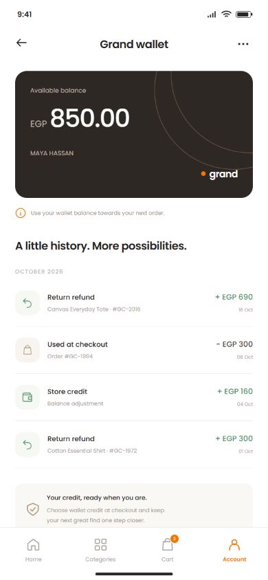 Grand Commerce grand wallet screen with illustrative data