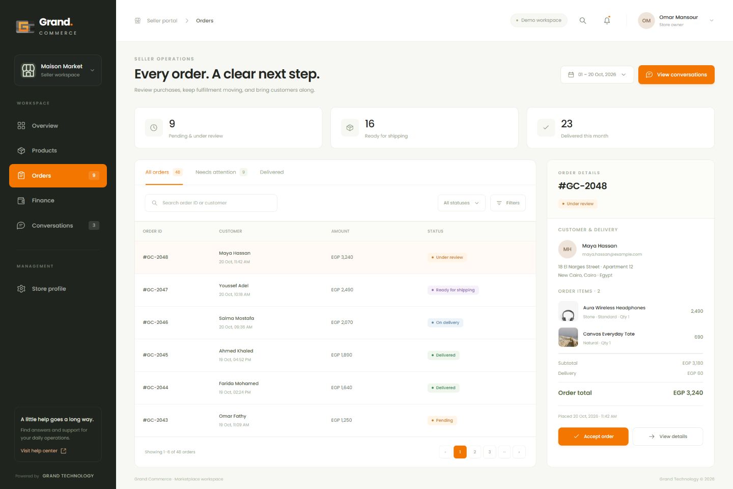 Grand Commerce order fulfillment screen with illustrative data