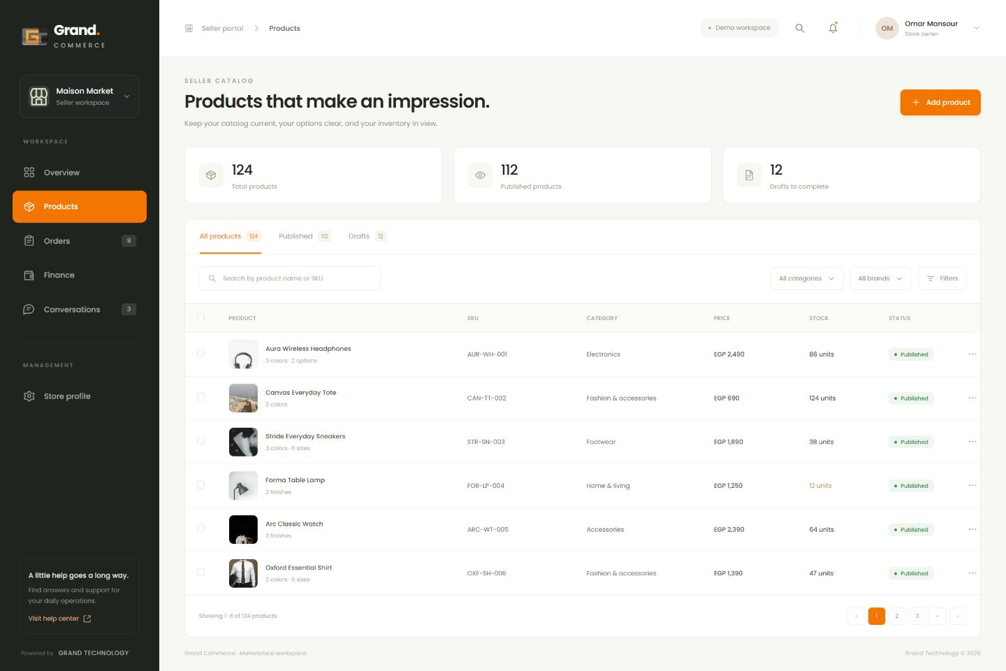 Grand Commerce product catalog screen with illustrative data