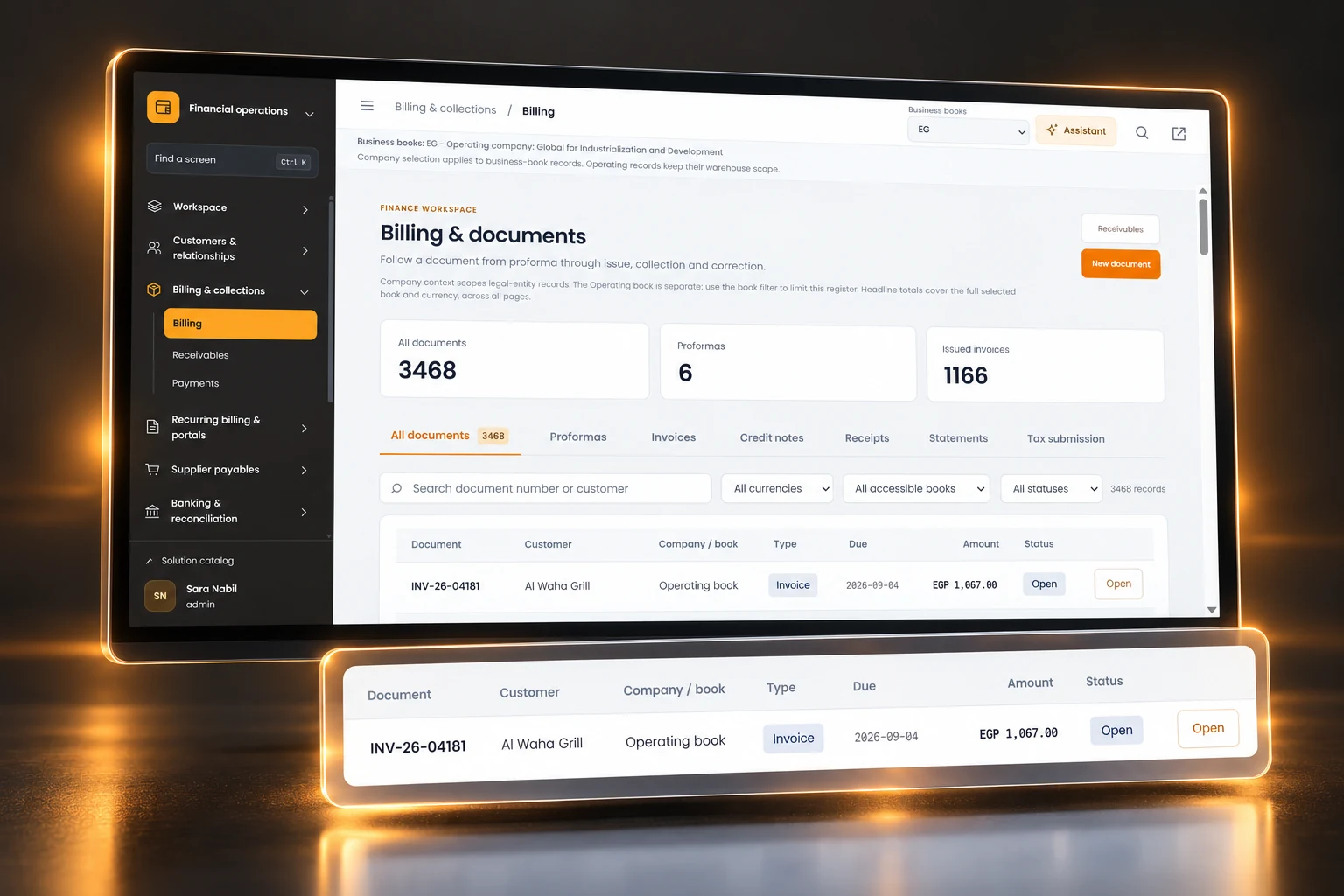 3D visualization of Billing & documents. Sample interface and data.