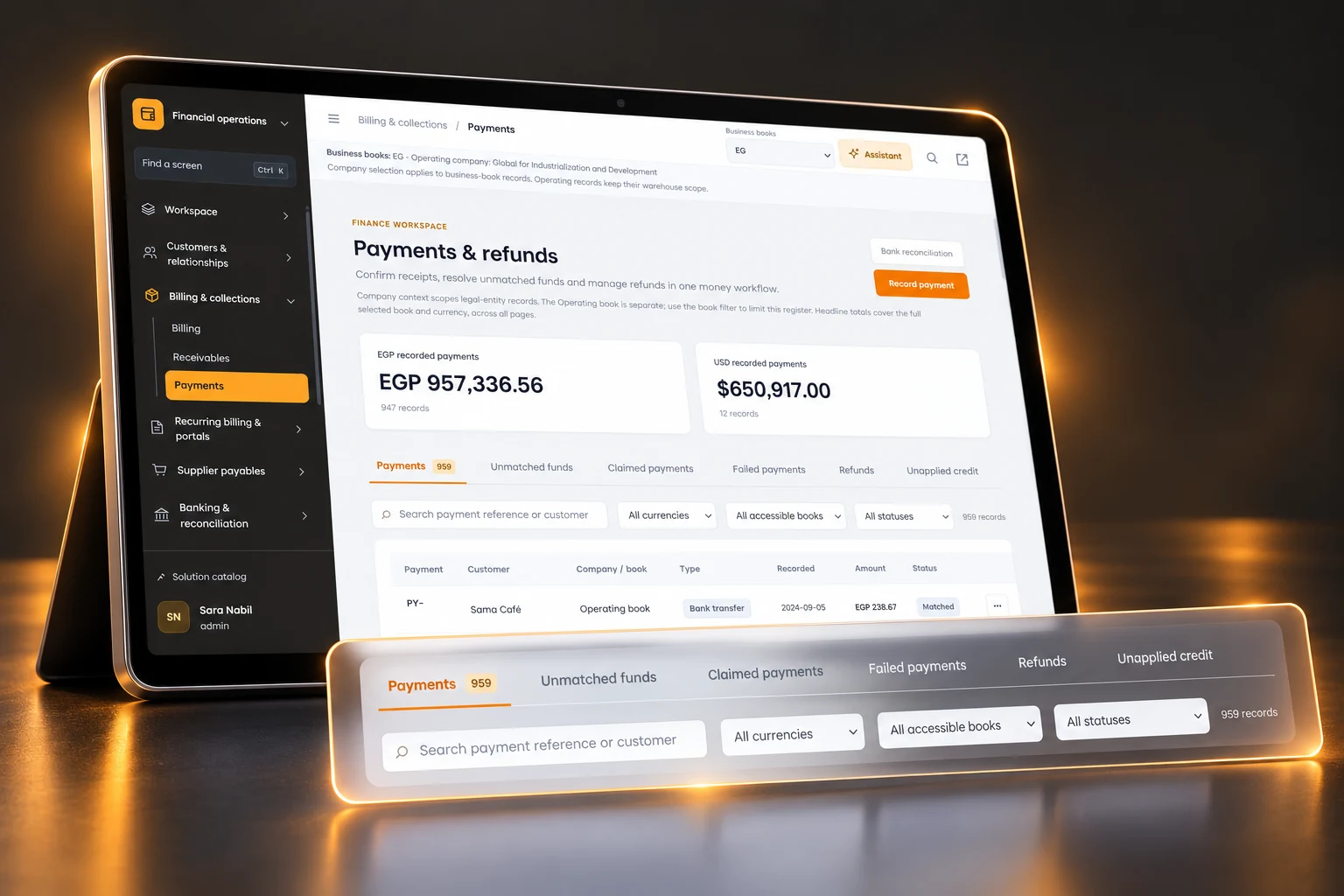 3D visualization of Payments & receipts. Sample interface and data.