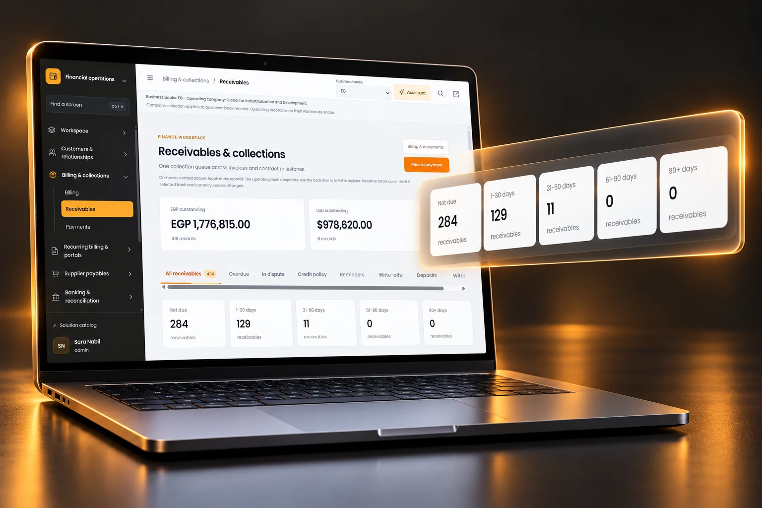 3D visualization of Receivables & collections. Sample interface and data.