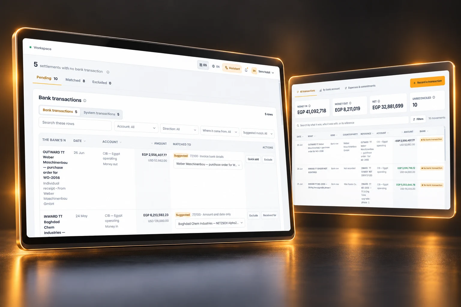 3D visualization of Transactions & bank reconciliation. Sample interface and data.