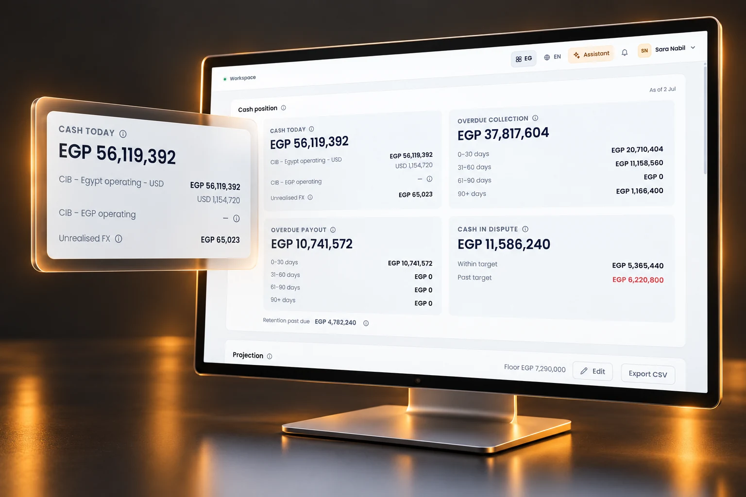 3D visualization of Cashflow & treasury. Sample interface and data.