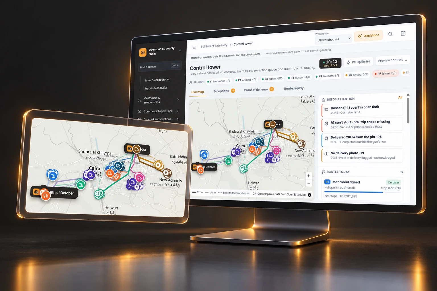Generated 3D control tower display and route map panel in graphite and amber