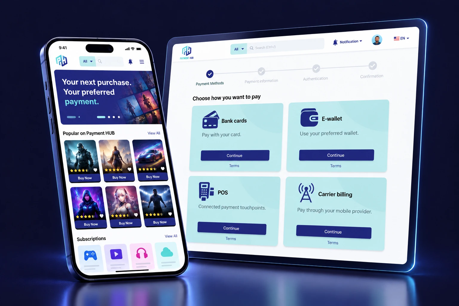 3D smartphone storefront beside a Payment Hub checkout panel