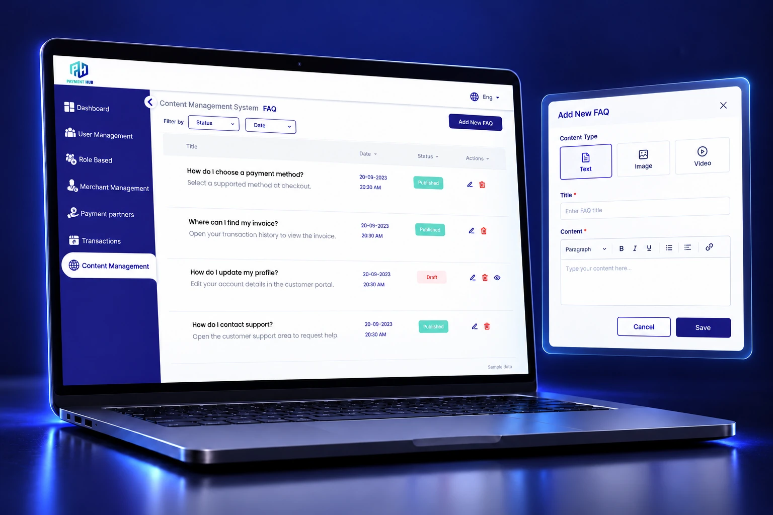 3D Payment Hub content management device mockup