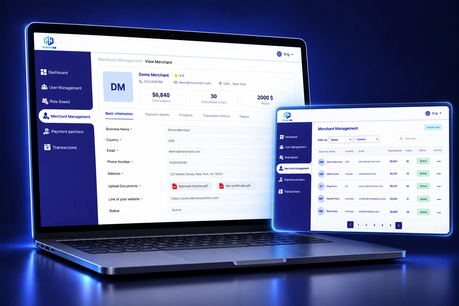 3D Payment Hub merchant management device mockup
