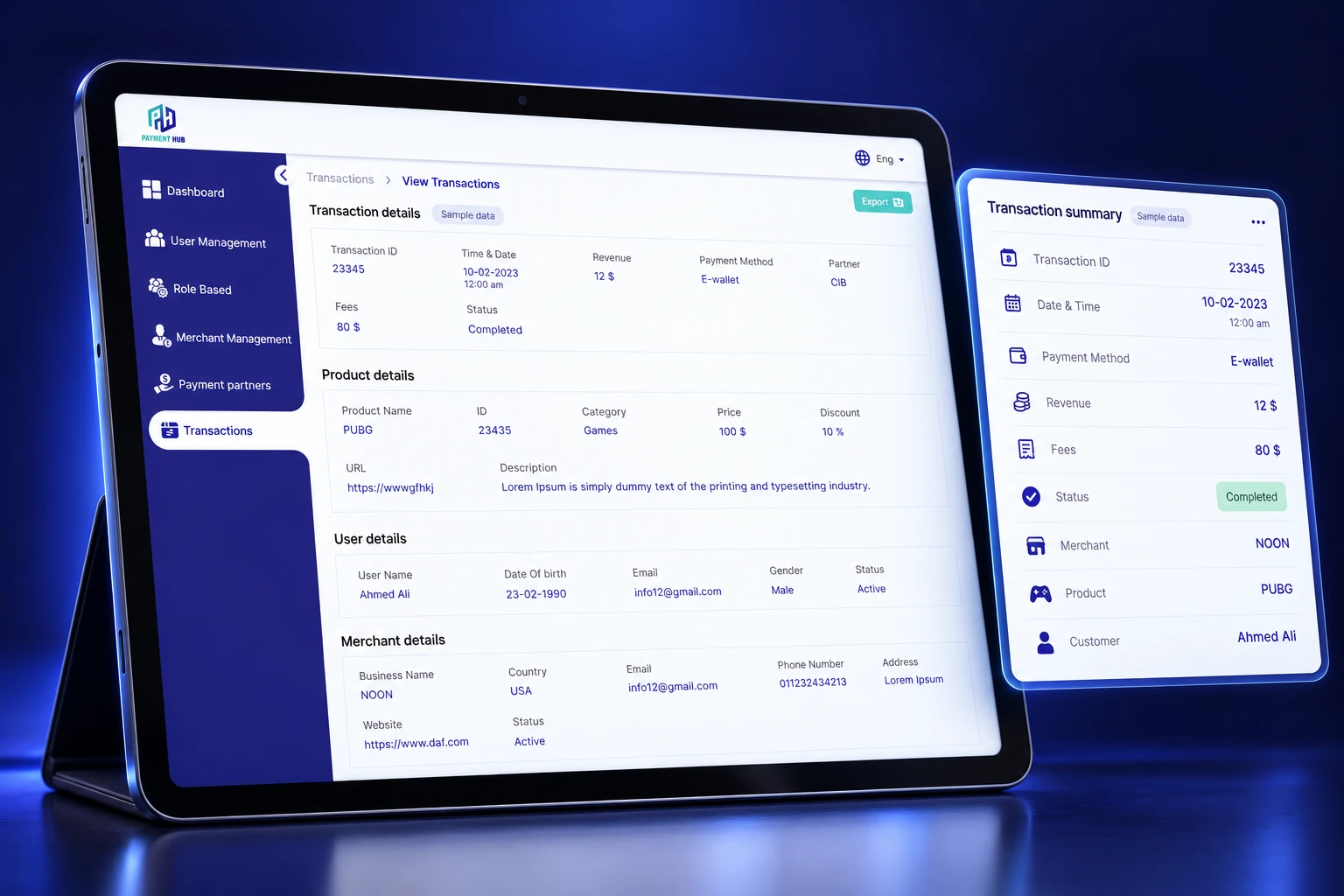 3D Payment Hub transaction oversight device mockup