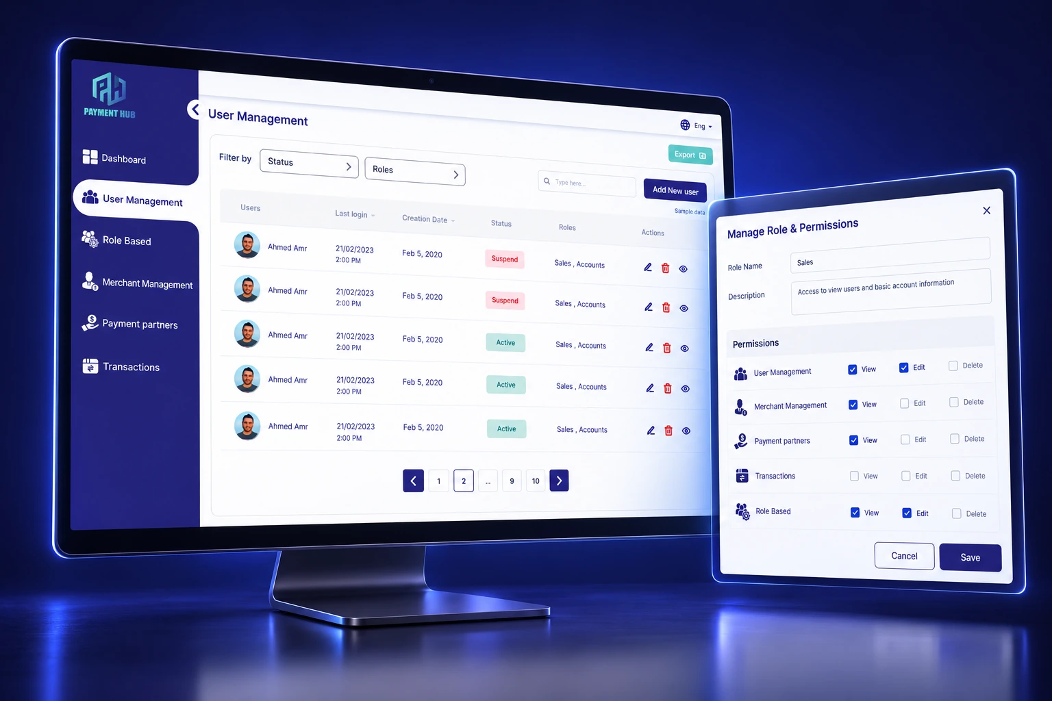 3D Payment Hub user management & permissions device mockup