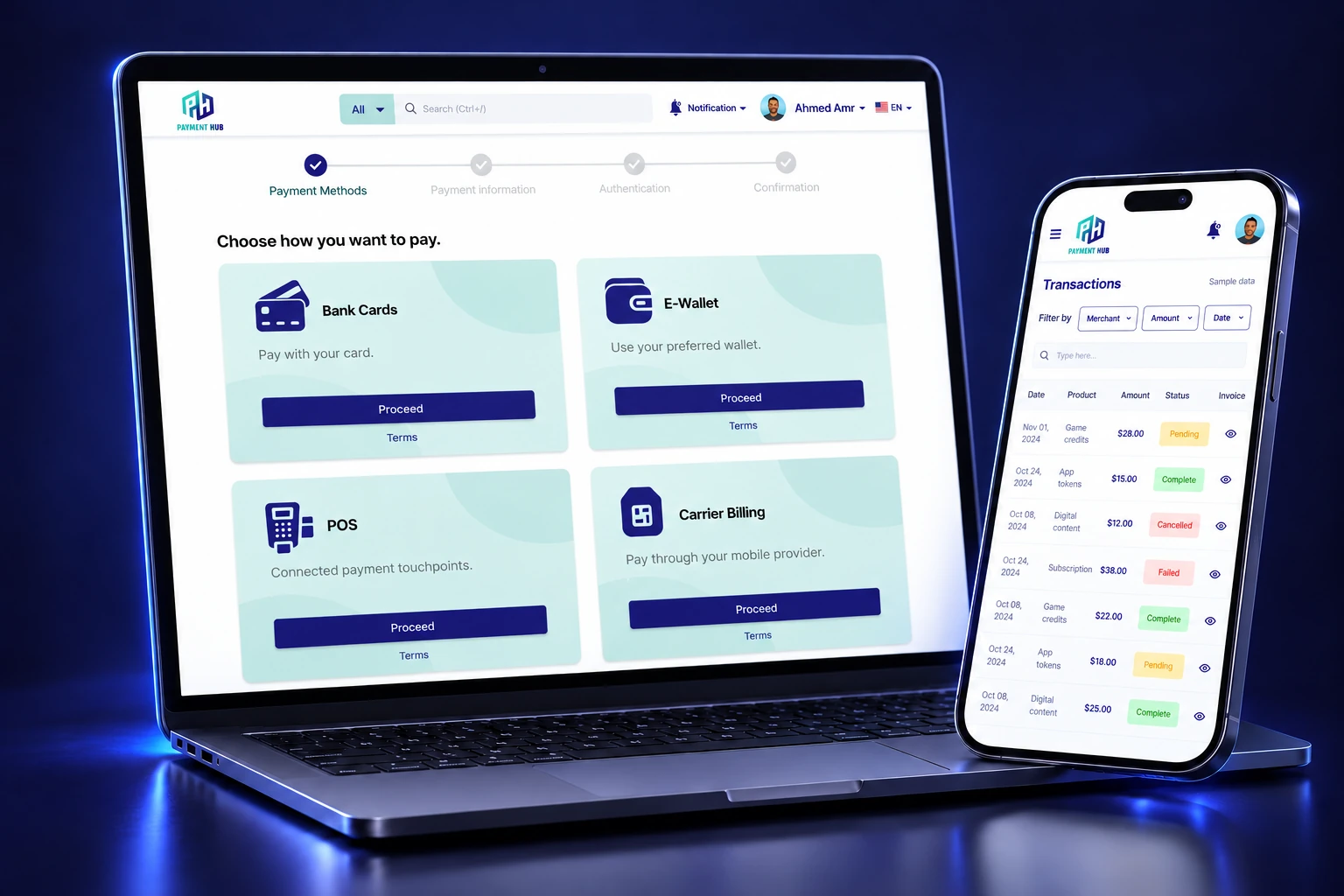 3D Payment Hub payments & transaction history device mockup