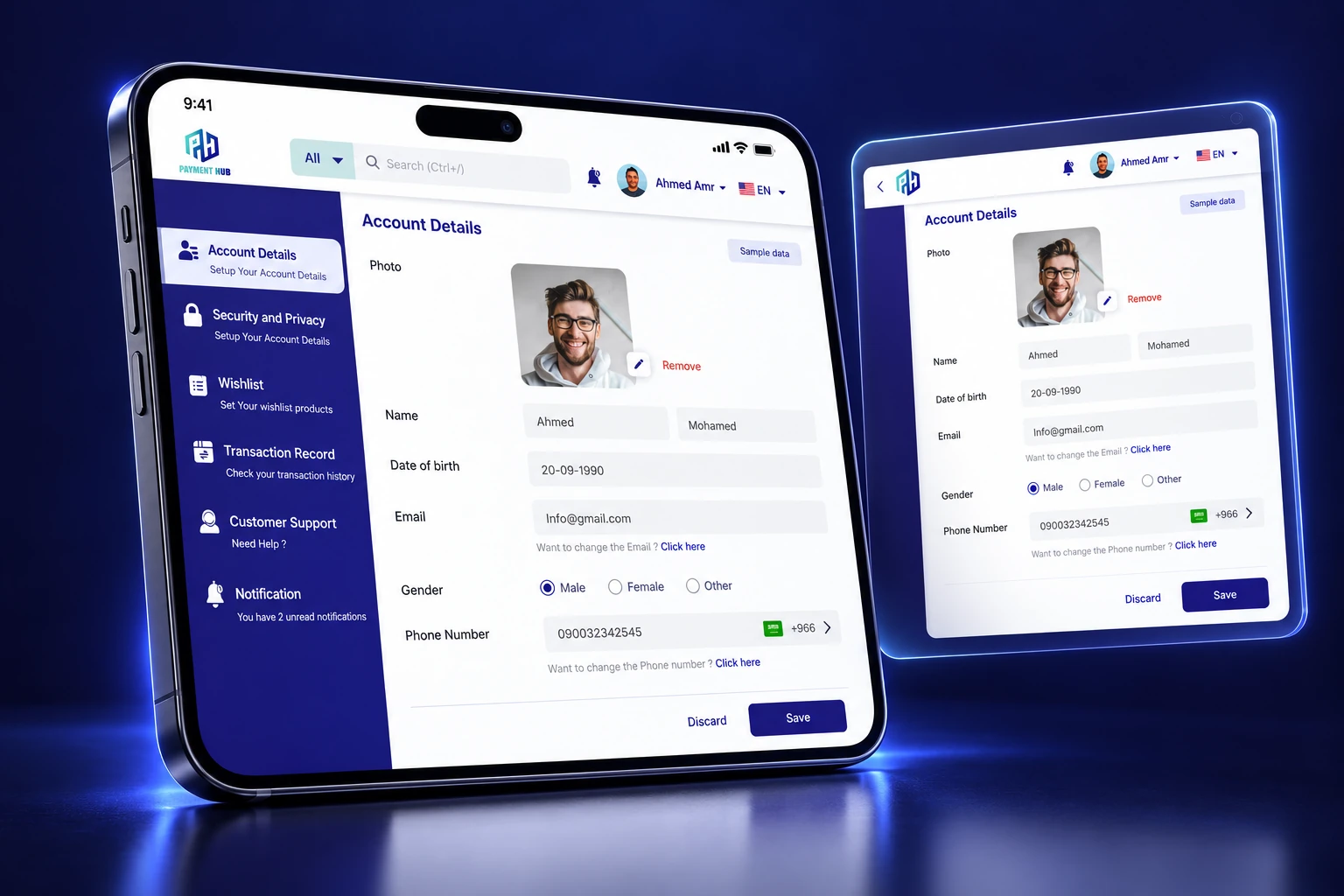3D Payment Hub profile management device mockup
