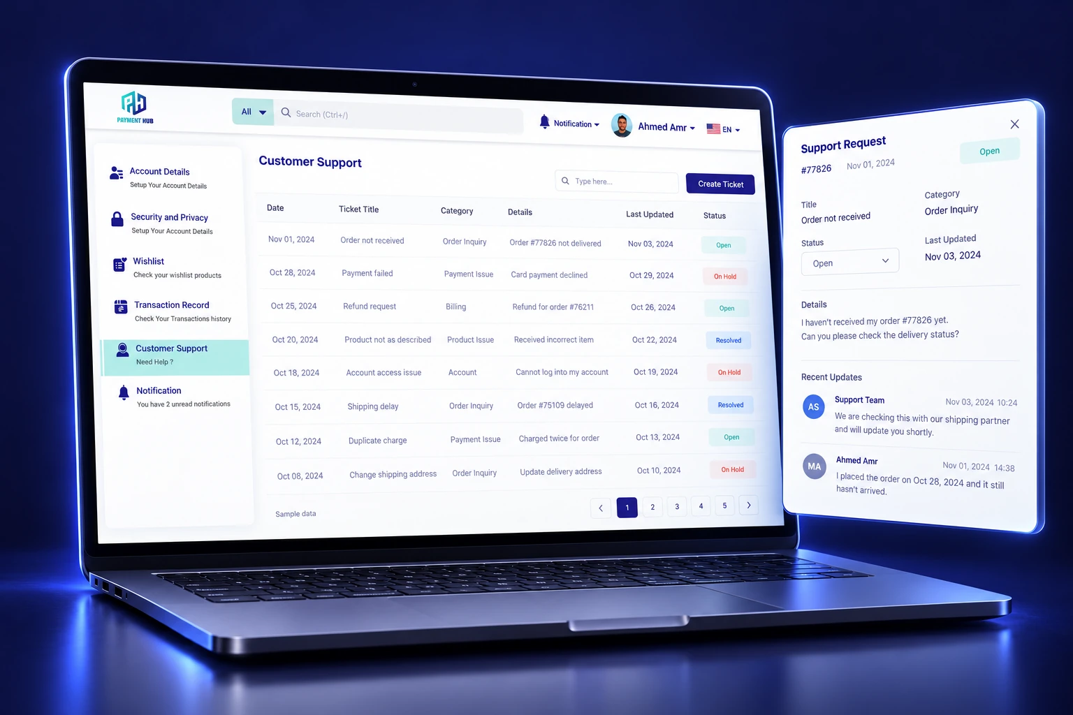 3D Payment Hub customer support device mockup