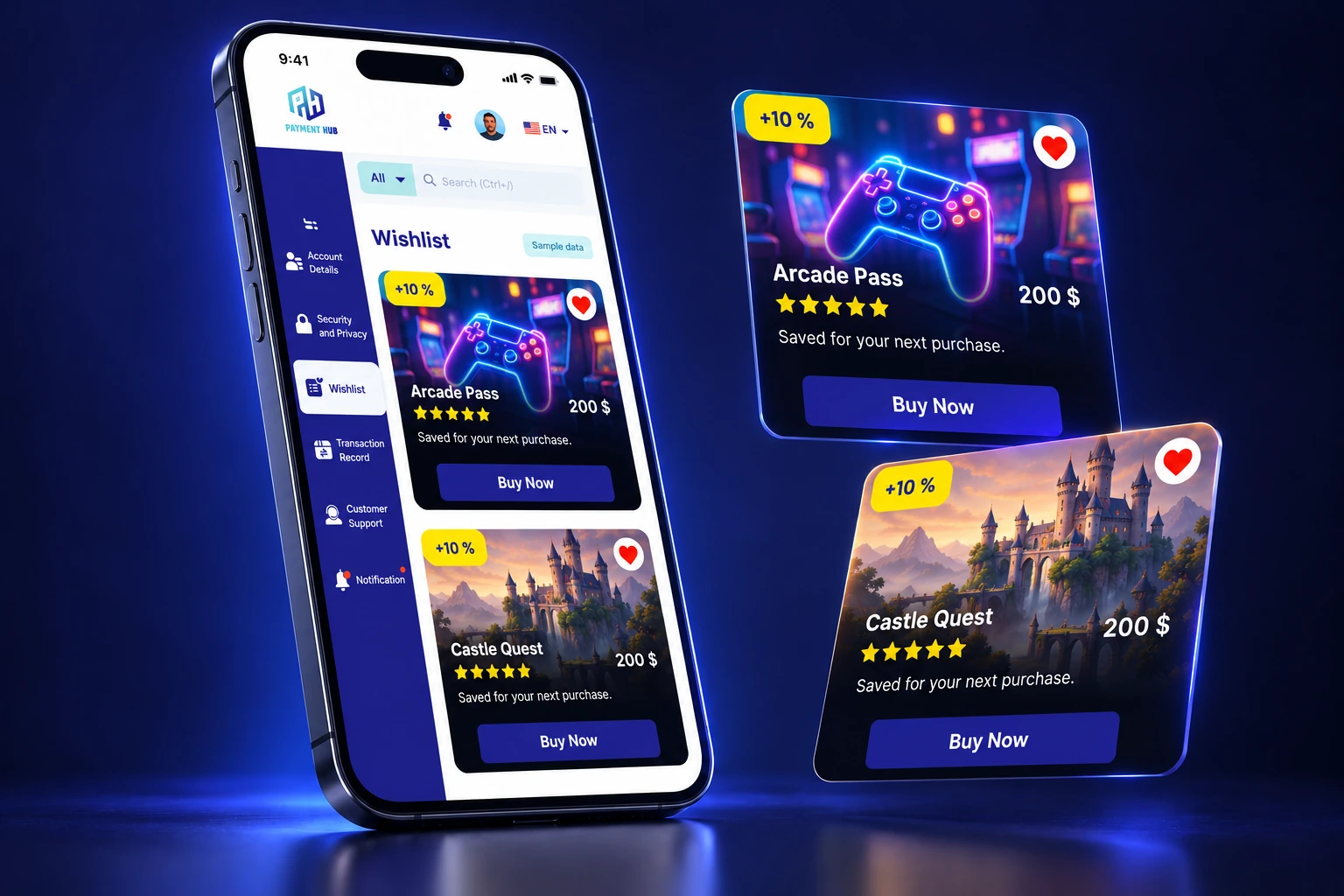 3D Payment Hub wishlist device mockup
