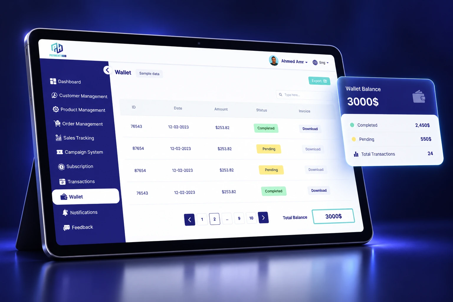 3D Payment Hub merchant wallet device mockup