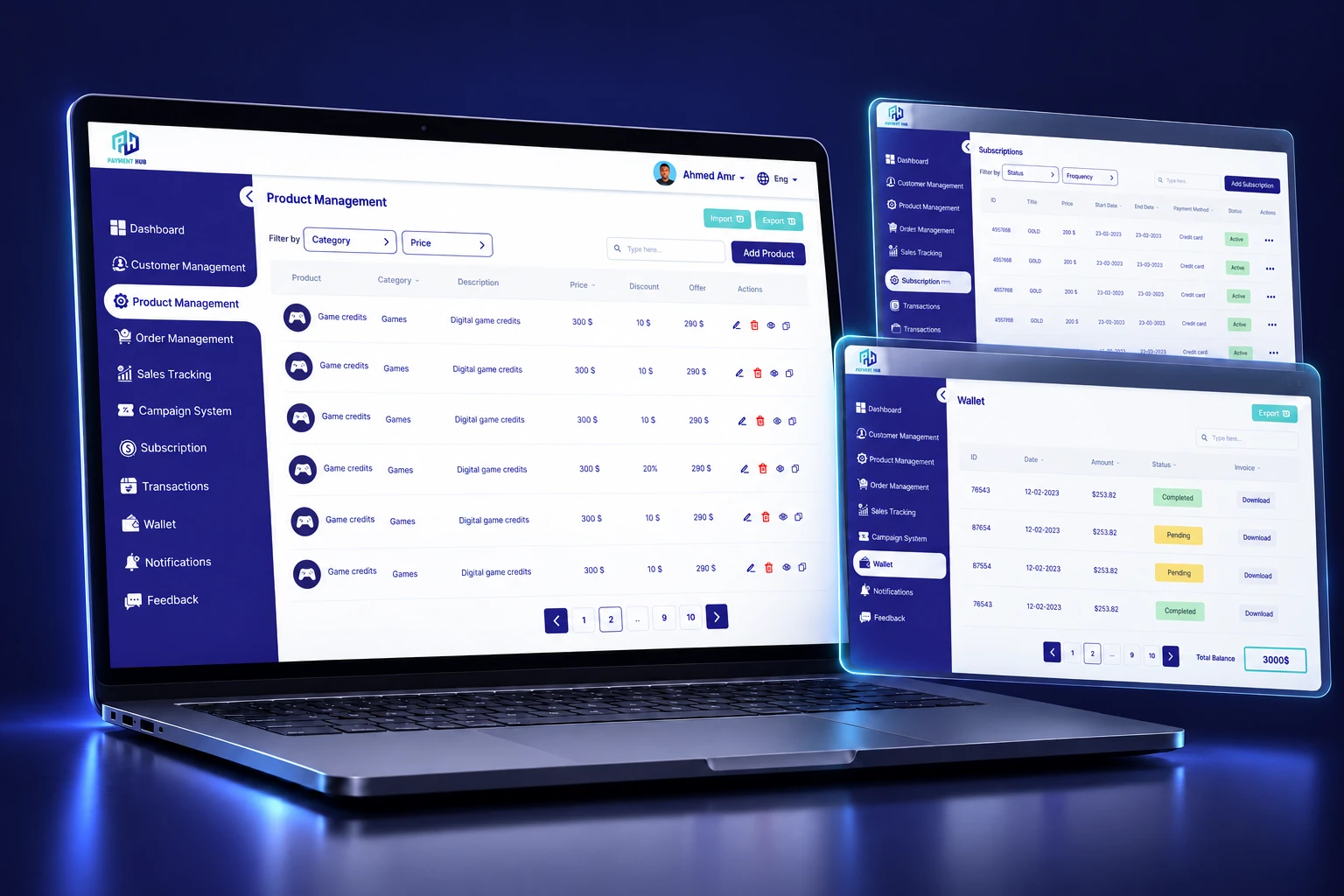 3D merchant portal laptop with product management, subscription and wallet panels