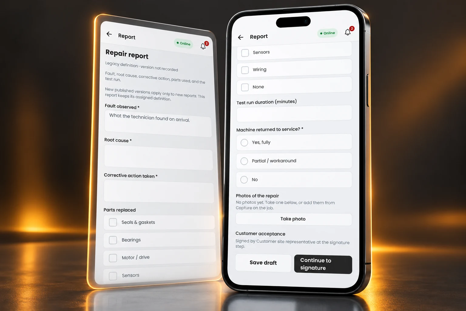 Generated 3D visualization of report preparation → signature step, based on the current product interface with sample data.