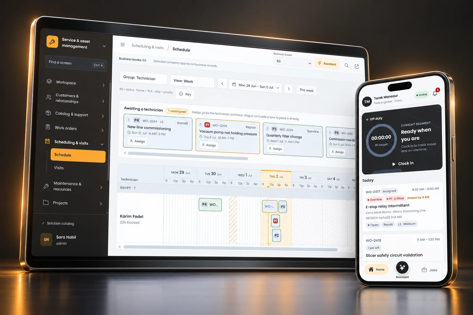 Generated 3D service scheduler and dedicated technician app, in graphite devices with amber edges. Sample UI and data.